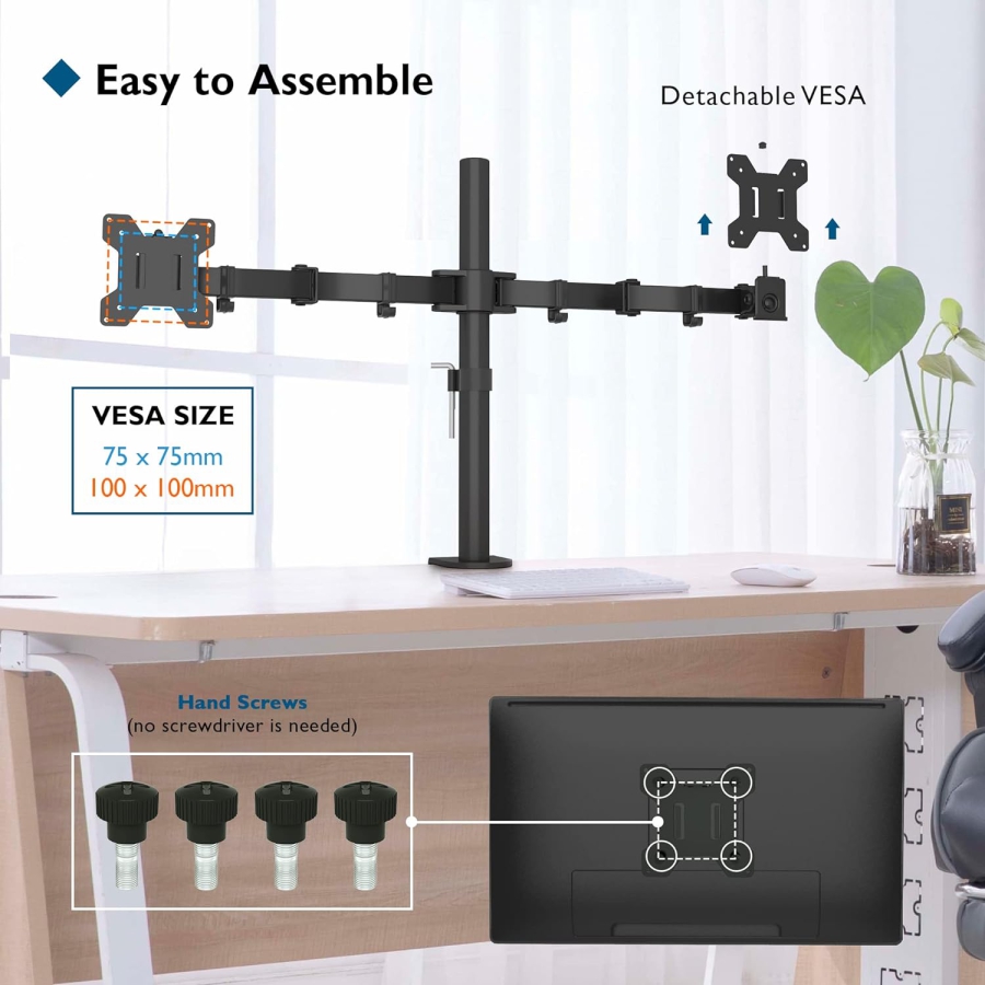 BONTEC Dual Monitor Mount [13-27"] up to 10kg/Arm – Height Adjustable (Ergonomic dual setup: Ideal for home office & corporate – Easy installation.)